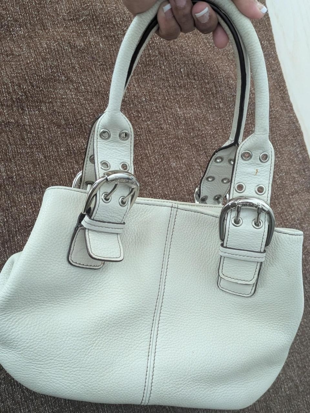 Tignanello Cream Leather Buckle-Accent Shoulder Bag